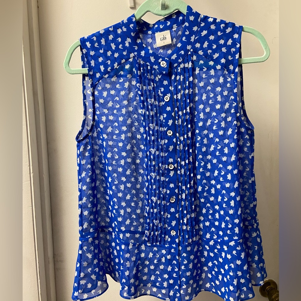 CAbi #5530 Blue Patterned Sleeveless Blouse